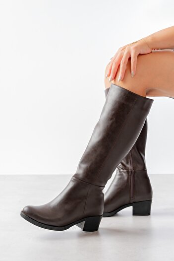 DİVOLYA Lorida Brown Leather Heeled (5 cm) Side Zippered Daily Use Boots