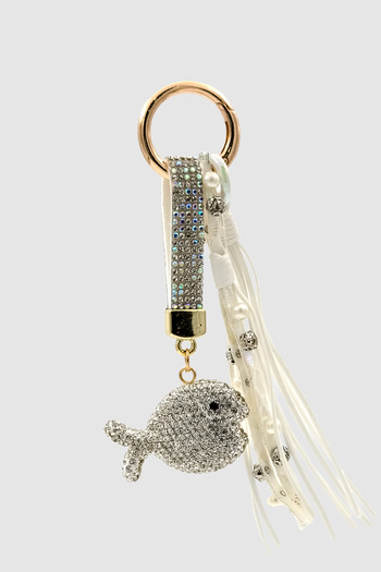 Wuclo Crystal Stone Fish & Tassel Bag Charm Silver
