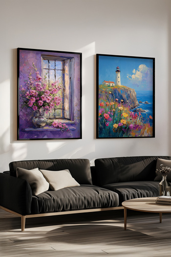 STARYUNA Black Framed Oil Painting Effect Purple Flower Lighthouse Double Painting Set Yuna431