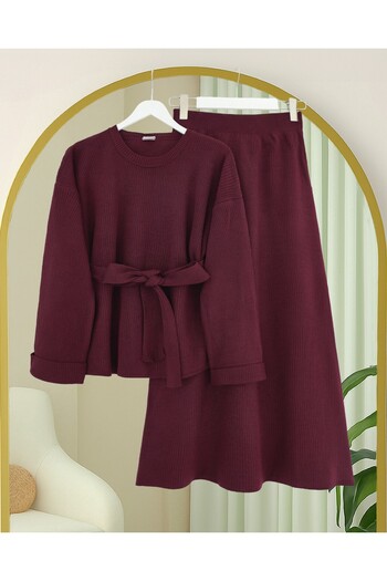 Modamorfo Knitted Suit with Folded Sleeves, Belted Waist and Slit - Burgundy