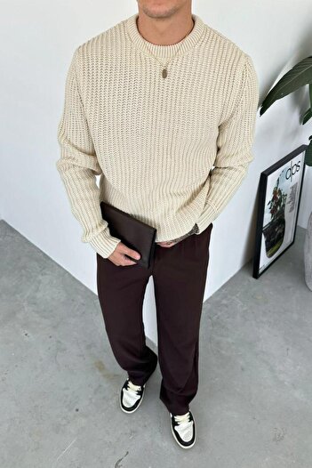 HAFKAGİYİM Cream Crew Neck Oversize Knit Sweater