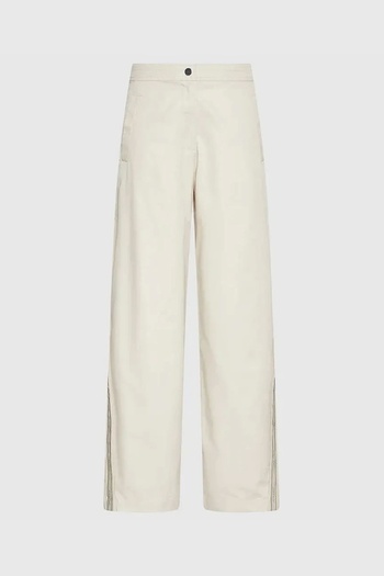 Calvin Klein Cotton Twill All over Printed Logo Striped Women's White Trousers Pants Lv044D612G-Gtr