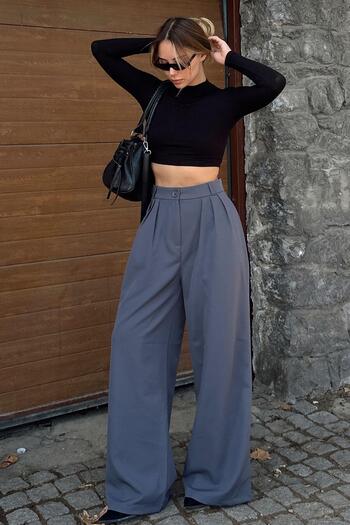 Swist Smoked 3-Pleated High-Waisted Loose-Fit Wide-Leg Women's Palazzo Pants with Pockets