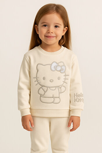 Kyex Girl's Premium Embroidered Ecru Hello Kitty Sweatshirt