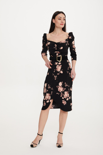 Stylish Black floral wrap midi dress
