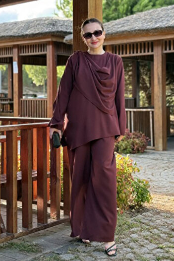 AYASOFYA OTANTIK Women's Burgundy Shawl Tunic Pants Set