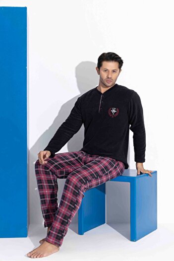 MİRELLA Men's Black Plaid and Square Patterned Long Sleeve Fleece Fabric Winter Warm Pajama Set