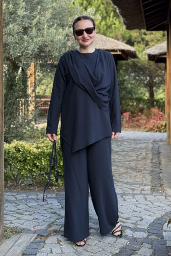 AYASOFYA OTANTIK Women's Navy Blue Shawl Collar Tunic Pants Set