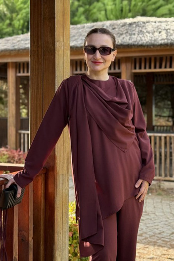 AYASOFYA OTANTIK Women's Burgundy Shawl Tunic Pants Set