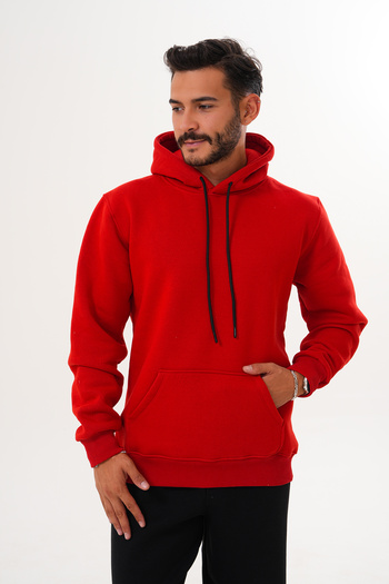 BigBrossBoutique Men's Red 3 Thread Basic Standard Fit Kangaroo Pocket Hooded Sweatshirt