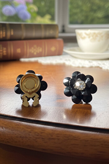 Reoona Yeni Trend Siyah Taşlı Kristal Çiçek Düğme Kapağı Broş 1 Adet - Black Diamond Bloom