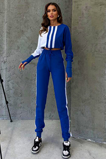 FashionForYou One Balance sports suit, blouse with glove-like cuffs and pants with elastic band, Blue, L