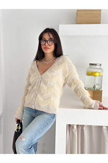 Brantu Women's V-Neck Plush Detailed Stone Buttoned Knitwear Cardigan