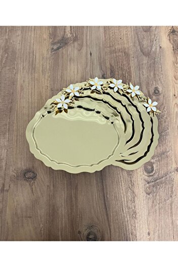 Maglor Luxury 6-Piece Oval Gold 20X25 Stainless Steel Coffee Presentation Tray with Daisy Accessories