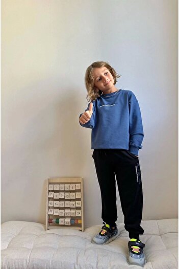 Kidmark Çocuk Modası Boy's Embossed Printed 100% Cotton Blue Top and Bottom Set