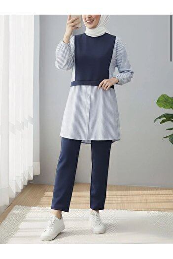 VOLT CLOTHİNG Striped Shirt Detailed Combed Cotton Suit with Elastic Sleeves