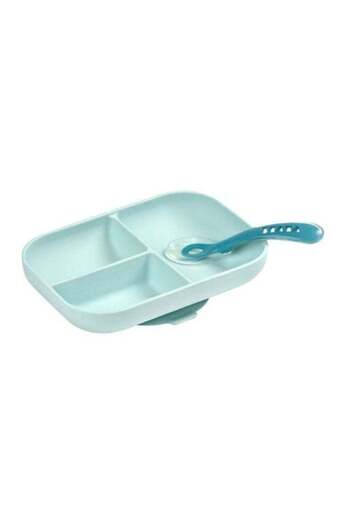 Beaba Baby Suction Plate - Silicone Divided Plate With Suction Cup And Silicone Spoon - Sticks To Ta