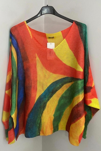 AYASOFYA OTANTIK Women's Italian Orange Yellow V-Neck Vintage Abstract Patterned Loose Mercerized Blouse