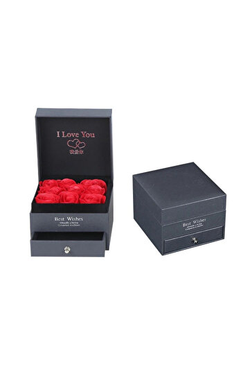 velve Cutie pentru accesorii "Love Wishes" cu sertar, noua trandafiri de sapun, felicitare, Negru