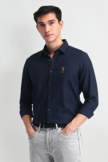 U.S. Polo Assn. Men's Dark Blue Pure Cotton Solid Tailored Fit Shirt