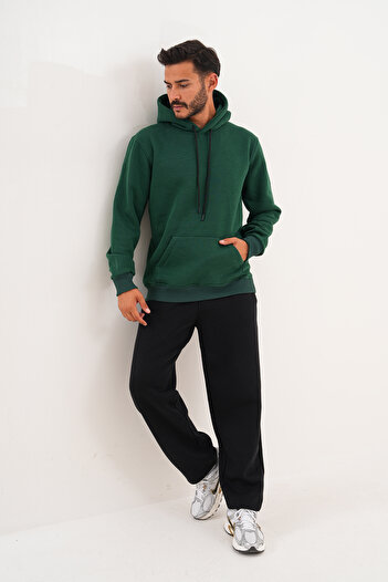 BigBrossBoutique Men's Dark Green 3 Thread Basic Standard Fit Kangaroo Pocket Hooded Sweatshirt