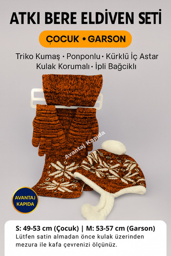 Mustran Children's Scarf, Beanie, Gloves Set of 3 Unisex Waiter Pom-Pom Furry Drawstring Knitwear Winter Gift