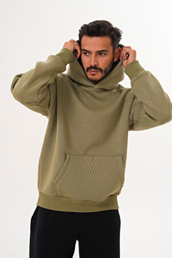 BigBrossBoutique Men's Green 3 Thread Basic Oversize Kangaroo Pocket Hooded Sweatshirt