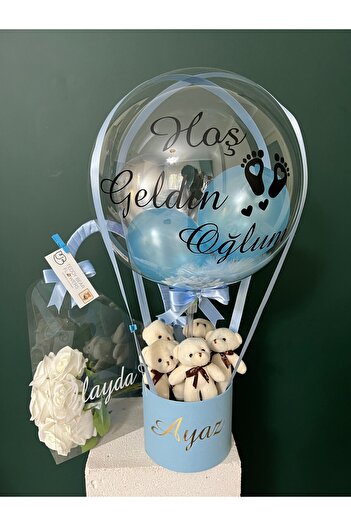 UB Mavi Yenidoğan Ayıcıklı Erkek Bebek Balon Kutusu & Çantada Solmayan Güller Anne Bebek Set