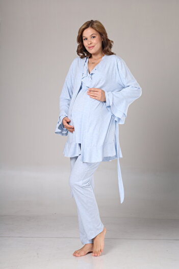 Lohussa Women's Blue Melange Flared Long Sleeve Winter Special Design Maternity Pajama Set