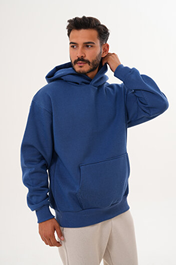 BigBrossBoutique Men's Indigo Blue 3 Thread Basic Oversize Kangaroo Pocket Hooded Sweatshirt