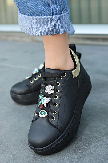 kapsulavm Tenya Black Leather Stoned Lace-Up Sports Shoes