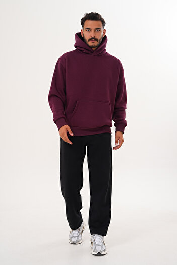 BigBrossBoutique Men's Burgundy 3 Thread Basic Oversize Kangaroo Pocket Hooded Sweatshirt