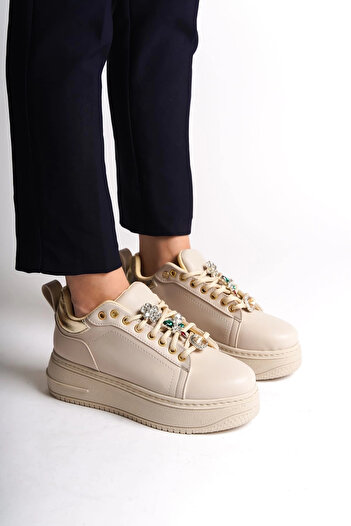 Joy Ayakkabı Brianna Lace-Up Orthopedic Sole Colorful Stone Decorated Women's Sneaker Sports Shoes Ckt - Cream/Gold