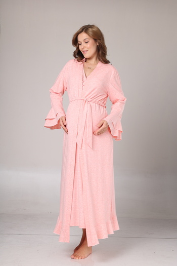 Lohussa Women's Pink Flared Long Sleeve Full Length Winter Special Design Maternity Dressing Gown Nightgown Set