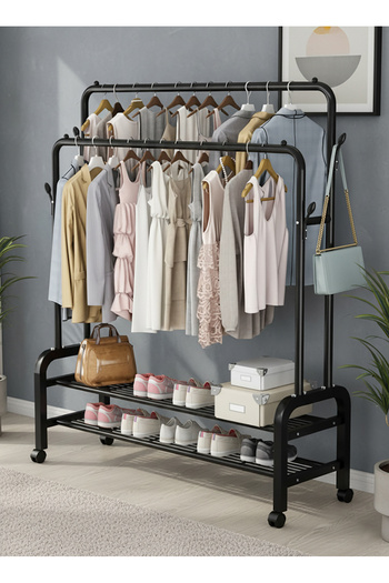 AGD Double Metal Clothes Organizer and Rack with Wheels, 2 Shelves Below for Shoes and Boxes 150x57x110 cm
