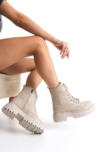 meyra'nın ayakkabıları Women's Beige Matte Lace-Up and Zippered Boots