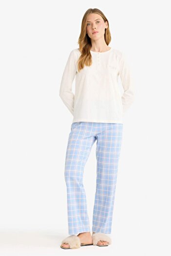 DeFacto Set de pijamale Regular Fit Top cu mâneci lungi cu carouri Fund lung în carouri-Fall in Love G0225AX25AU