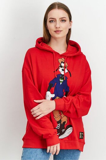 DIFUZED Women Hood With Drawstring Graphic Print Sweatshirt, Red Combo