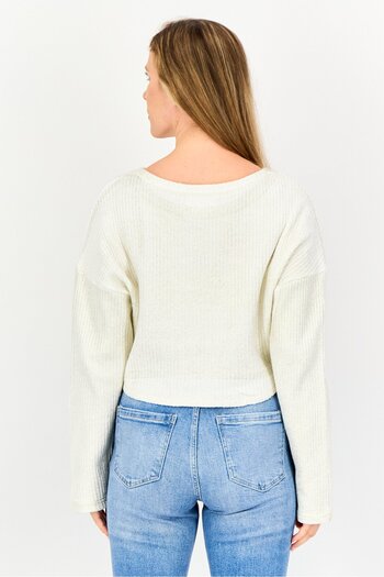 Reserved Women Crew Neck Long Sleeve Metallic Top, White
