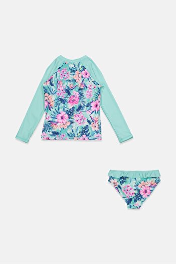 Piping Hot Kids Girl 2 Pieces Floral Print Top And Bottom Swimwear Set, Turquoise Combo