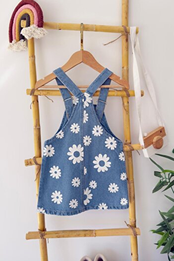 Minigimin Cicileri My Little One's Daisy Printed Detailed Denim Girl's Gilet with Front Pockets - Light Blue