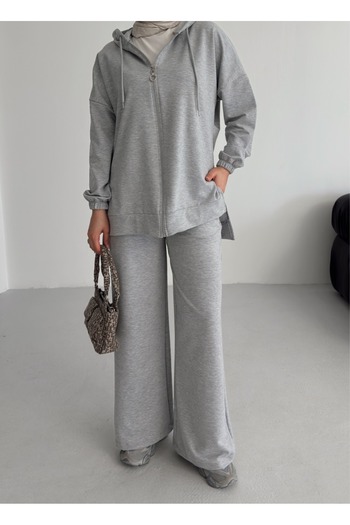 onlymoon Women's Gray 100% Cotton Hooded Top and Bottom Set |   Oversize Comfortable Fit |   Suitable for 4 Seasons