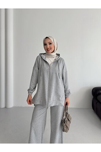 onlymoon Women's Gray 100% Cotton Hooded Top and Bottom Set |   Oversize Comfortable Fit |   Suitable for 4 Seasons