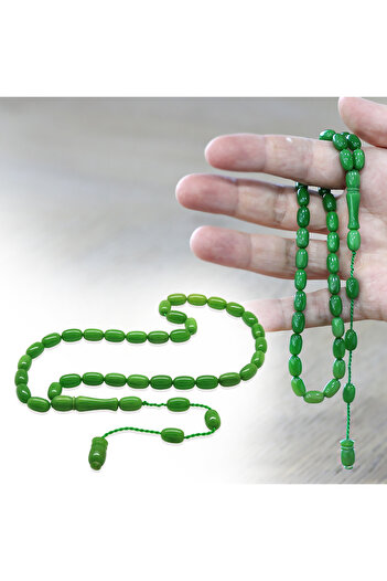 Tesbihane Specially Cut Emerald Green Crimped Amber Prayer Beads with System
