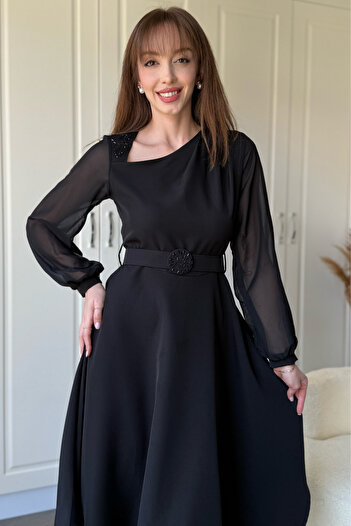 Dilay Gökoğlu Butik Black Dress with Tulle Detail on the Sleeves and Belt with Stones