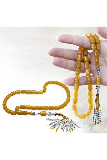 Tesbihane Stick Crimped Amber Prayer Beads - Ottoman Palace Tassels - Yellow Color - Capsule Cut