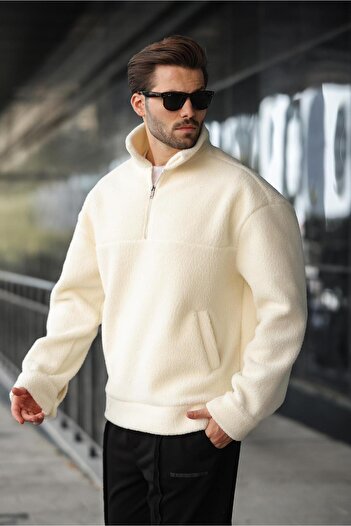 Madmext Ecru Half Zipper Stand Collar Fleece Sweatshirt E7165