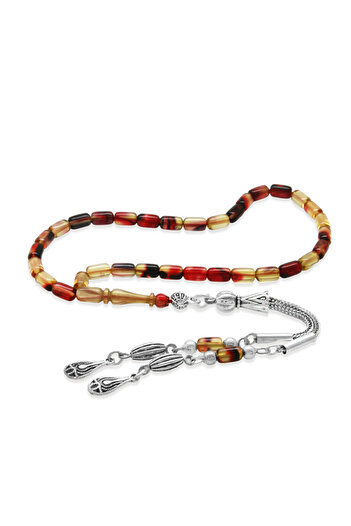 Tesbihane Fire Amber Prayer Beads - Non-Tarnish Metal Tassel - Wrist Length - Bonibon - Capsule Cut