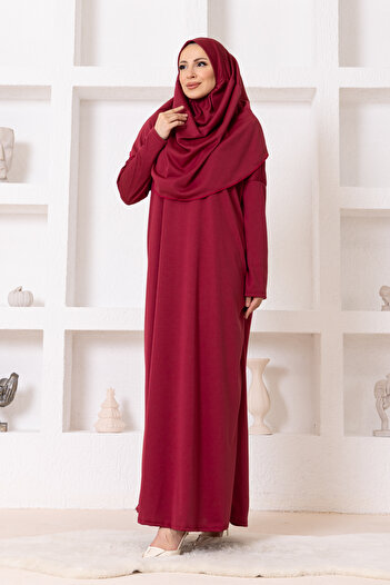 lumuteks One Piece Hijab Prayer Dress Burgundy