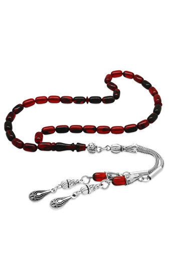 Tesbihane Non-Tarnish Metal 2-Piece Whip-Shaped Tassel Capsule Cut Wrist-Length Red Black Fire Amber Prayer Beads